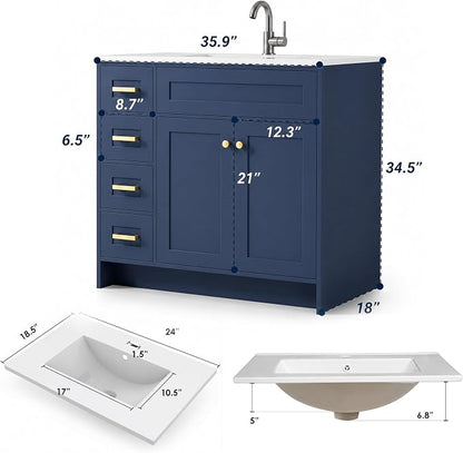 Blue Bathroom Vanity with Sink 36inch | 2 Doors and 4 Drawers | Wood Storage Basin Cabinet with Ceramic Basin for Home and Office