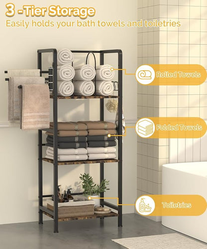 Mondazie Towel Racks for Bathroom Storage Shelves Free Standing, Black | 3-Tier Bathroom Towel Rack with 3 Rotating Bars, Pool Towel Holder Stand with Detachable Dividers & 8 Hooks for Poolside