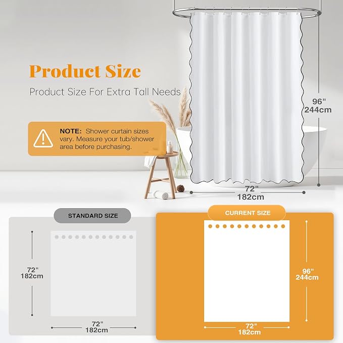 BTTN Extra Long Boho Scalloped Linen Textured Shower Curtain, 72x96, White | Extra Tall Size, 230GSM Waterproof Polyester, Heavy Duty Fabric, 12 Plastic Hooks, Elegant Farmhouse Style, Machine Washable