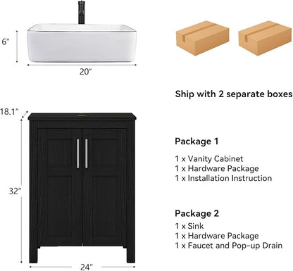 YOURLITE Bathroom Vanity with Sink,24" Black Bathroom Vanity Cabinet with White Ceramic Sink Faucet & Pop Up Drain Set