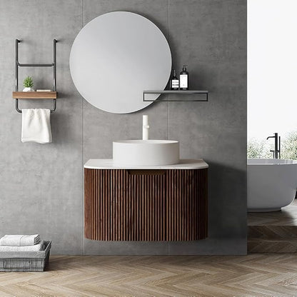 LKTART 24 Inch Floating Bathroom Vanity with Sink, Modern Wall Mounted Bathroom Storage Cabinet with Drawer, Round White Ceramic Sink Top and Marble Texture Top,Walnut