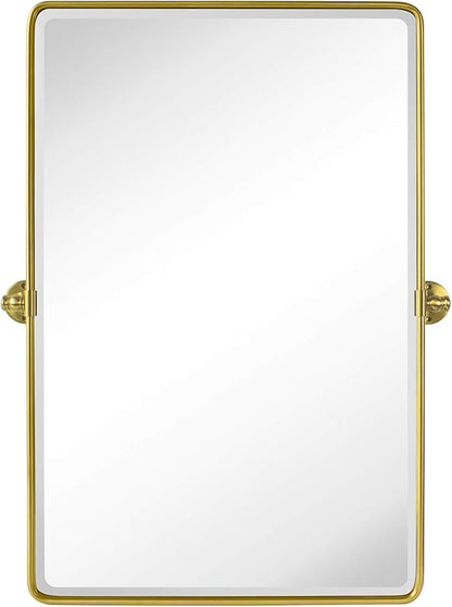 TEHOME Gold Pivot Rectangle Bathroom Vanity Mirrror Farmhouse Tiltable Rounded Metal Framed Pivoting Bathroom Mirror with Beveled Mirrror, Overall 26.91 x 35 inches (Mirrror 23 x 35 inches)