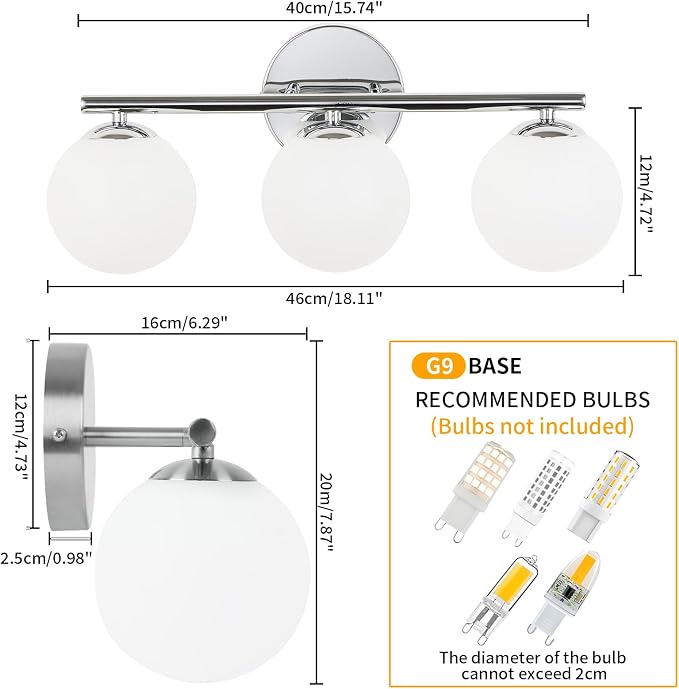 foucasal Chrome 3-Light Globe Bathroom Vanity Light Fixture Over Mirror | G9 Socket, Plastic Milk Globe Shades, 4.72" Base, 10W Max, Adjustable Up/Down Light, Mid Century Style for Bathroom Bedroom