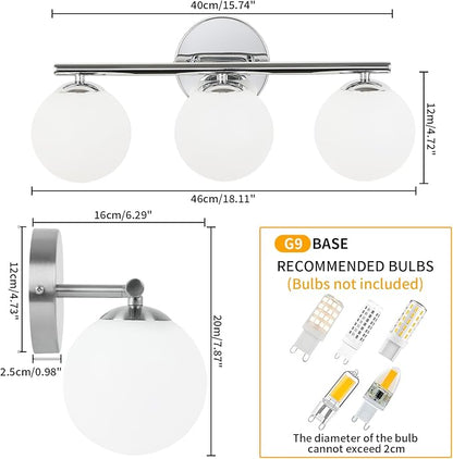 foucasal Chrome 3-Light Globe Bathroom Vanity Light Fixture Over Mirror | G9 Socket, Plastic Milk Globe Shades, 4.72" Base, 10W Max, Adjustable Up/Down Light, Mid Century Style for Bathroom Bedroom