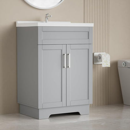 Bathroom Vanity with Ceramic Sink, Bathroom Vanity Cabinet with 2 Doors, 24 Inches Wooden Cabinet with Sink, Grey