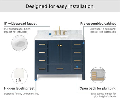 ARIEL Cambridge 42-inch Bathroom Vanity with Sink,Solid Wood, 1.5-inch Italian Carrara Marble Countertop, Single Oval Porcelain Sink, 2 Soft Closing Doors, 9 Dovetail Drawers, Midnight Blue