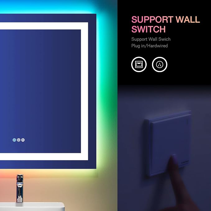 LOAAO 38"X38" LED Bathroom Mirror with Lights, Anti-Fog, Dimmable, RGB Backlit + Front Lighted, Bathroom Vanity Mirror for Wall, Memory Function, Waterproof, Tempered Glass | Anti-Fog, Dimmable, RGB Backlit + Front Lighted, Memory Function, Tempered Glass