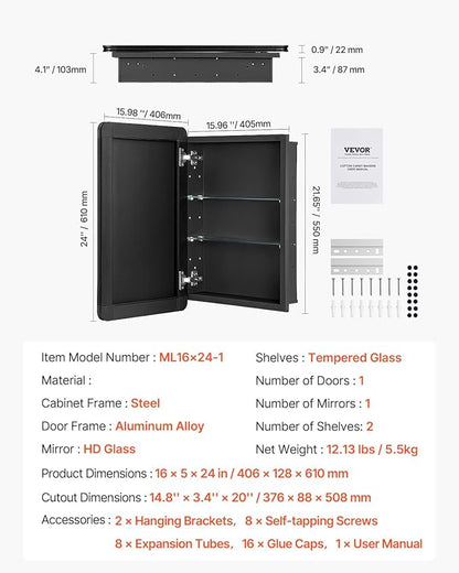 VEVOR Medicine Cabinet, 16 x 24 inch, Medicine Cabinet for Bathroom with Mirror, Aluminum Frame Bathroom Wall Cabinet, 2-Layer Adjustable Shelves, Recessed & Wall-Mounted Installation