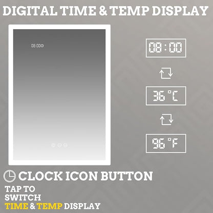 20×28 Inch Bathroom Medicine Cabinet with Lights, LED Medicine Cabinet with Mirror, Lighted Bathroom Mirror Cabinet with Storage, Digital Clock & Temp Display, Surface Mount