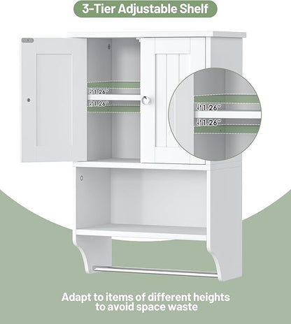 Small Bathroom Wall Cabinet with Towel Bar and Adjustable Shelf, Modern Medicine Cabinet with 2 Lined Doors, Wooden Over the Toilet Storage Cabinet for Kitchen, Living Room, Entryway, White