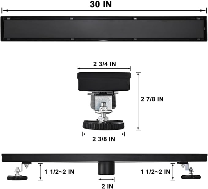 Linear Shower Floor Drain, Black 30 Inch 304 Stainless Steel Bathroom Drains Kit, Rectangular Shower Trench Drain with Reversable Tile-in Pattern Drain Cover & Hair Catcher