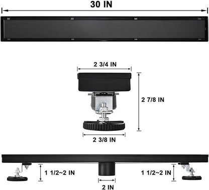 Linear Shower Floor Drain, Black 30 Inch 304 Stainless Steel Bathroom Drains Kit, Rectangular Shower Trench Drain with Reversable Tile-in Pattern Drain Cover & Hair Catcher