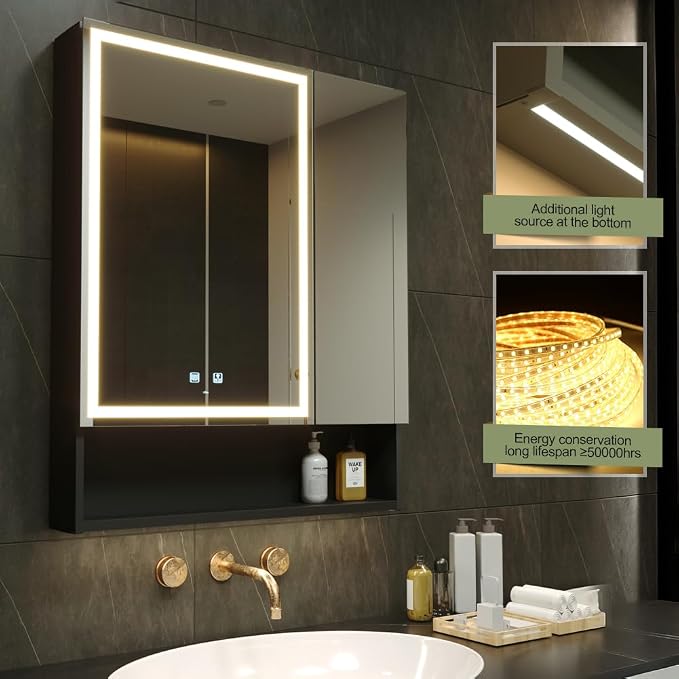 30x34 Inch Two Doors Aluminum LED Bathroom Medicine Cabinet with Mirror | Light Adjustment, Anti-Fog, Sockets&USBs, High Capacity, Easy to Install