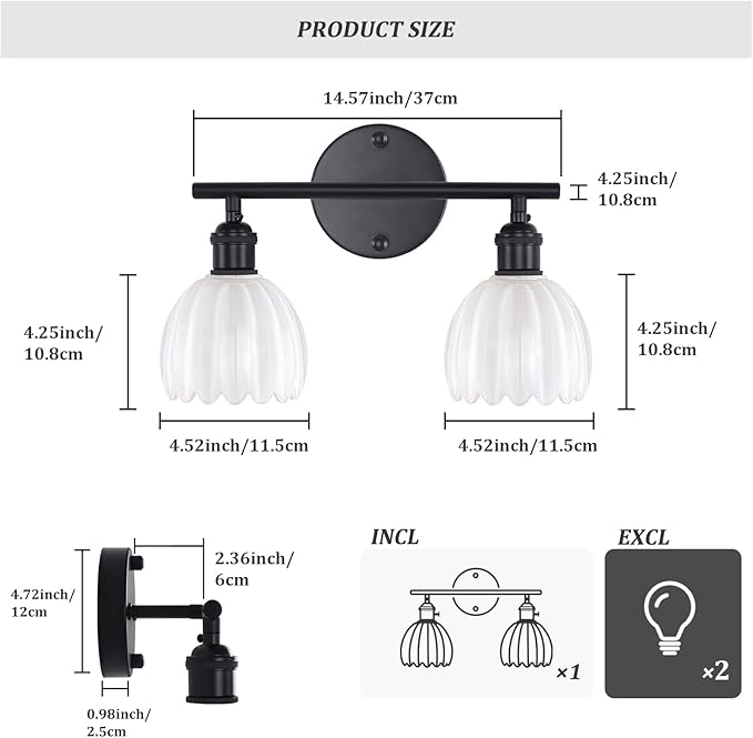 Bathroom Light Fixtures, 2-Light Black Vanity wall Light Over Mirror with White Tulip Glass Shade for Bedroom Living Room (Bulb Not Included)