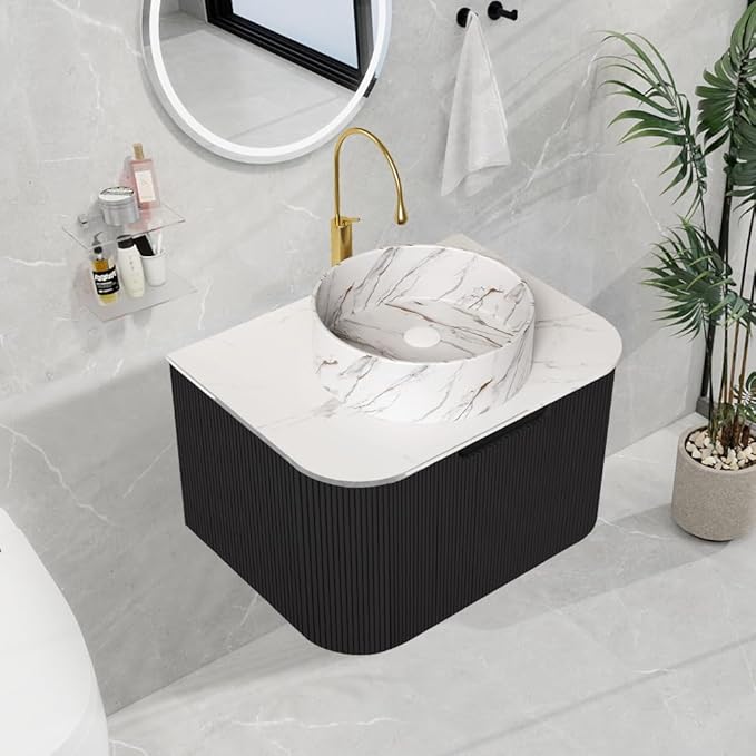 LKTART 24 Inch Floating Bathroom Vanity with Sink, Modern Wall Mounted Bathroom Storage Cabinet with Drawer, Stone Pattern Round White Ceramic Sink Top and Marble Texture Top, Black