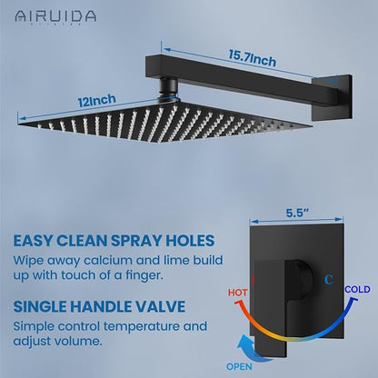 Airuida 12 Inch Matte Black Shower Faucet Set,Shower Valve Kit | Rainfall Shower Head and Handle Set,Female Thread Rough-in Valve Shower Kit,Single Function Shower System