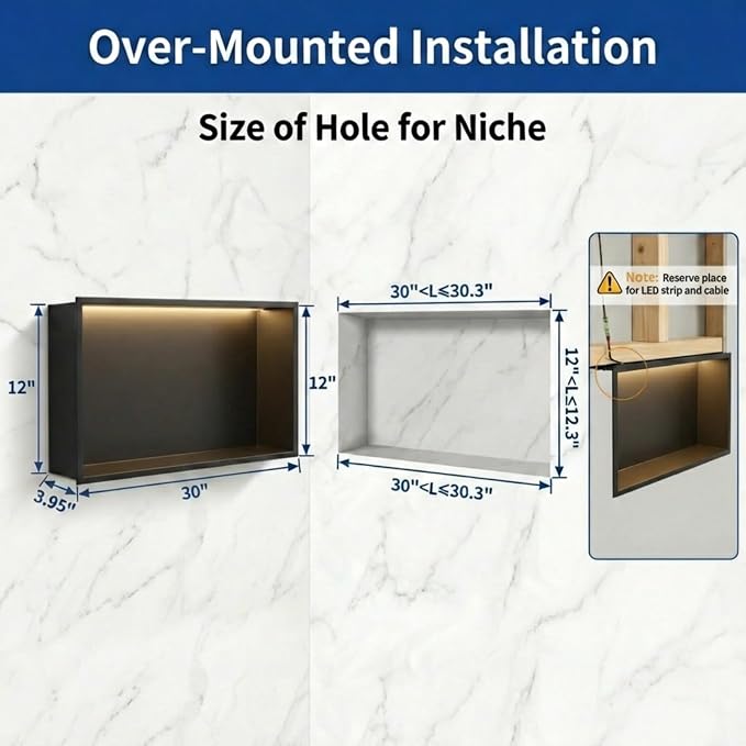 304 Stainless Steel LED Recessed Black Shower Niche 12"x30" Wall-Inserted | Waterproof Rustproof Bathroom Shower Niche Insert No Tile Needed, for Shower & Bathroom Storage