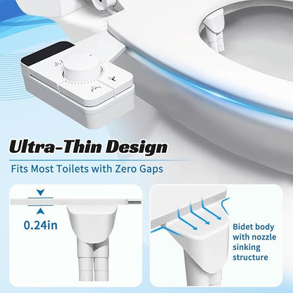 Bidet Attachment for Toilet,Ultra Thin Non-Electric Bidet,Dual Self-Cleaning Nozzles, Adjustable Water Pressure, Knob Control for Water Flow & On/Off, Fits Most Standard Toilets （0.23 in）