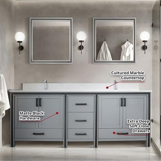 Ziva 84 in W x 22 in D Dark Grey Double Bath Vanity and Cultured Marble Top