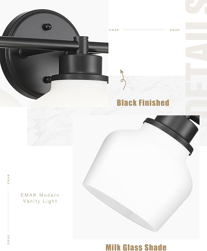 Emak Modern Black Bathroom Lighting Fixtures Over Mirror, Farmhouse 3-Light Vanity Lights with Milk Glass Shade for Bathroom, Mirror, VL122-BK-ML-3