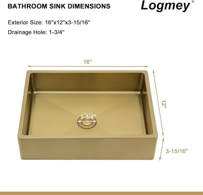 Logmey 16" Gold Shallow Bathroom Vessel Sink 16x12 Small Handmade 16 Gauge Stainless Steel Above Counter 4" Deep RV Bathroom Sink Rectangle Vessel Sinks with Pop up Drain Set