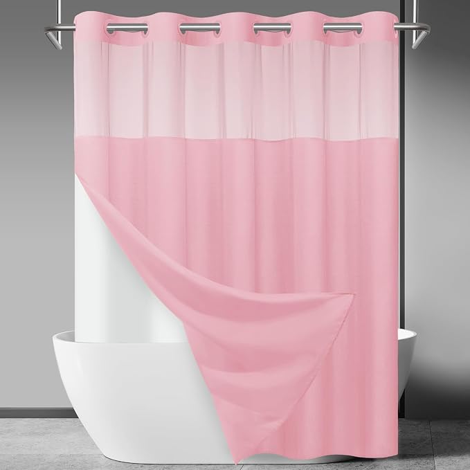 SORTTO No Hook Slub Shower Curtain with Liner, 71x74, Pink | Snap in Liner, 3 in 1, Bamboo Texture, Hotel Style, Waterproof Fabric, Mesh Top Window, Corner Magnets, Machine Washable