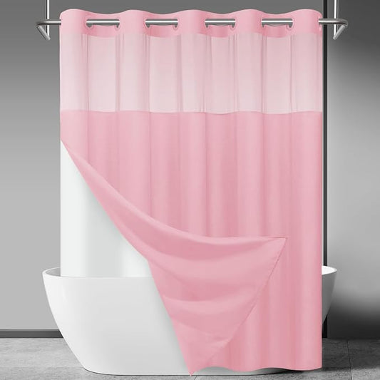 SORTTO No Hook Slub Shower Curtain with Liner, 71x74, Pink | Snap in Liner, 3 in 1, Bamboo Texture, Hotel Style, Waterproof Fabric, Mesh Top Window, Corner Magnets, Machine Washable