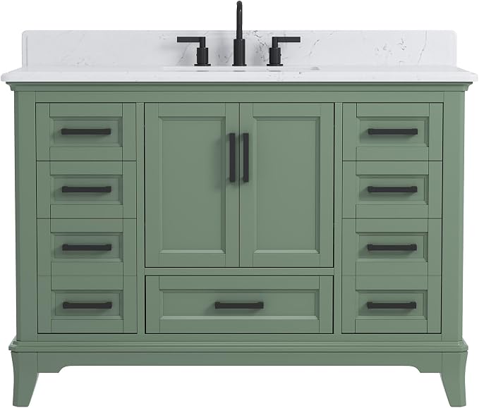 48 Inch Fully Assembled Bathroom Vanity with Sink, Sage Green | Modern Solid Wood Freestanding Vanity for Bathroom, Quartz Top & Backsplash, Soft-Close Doors, Dovetail Drawers, Bath Upgrade