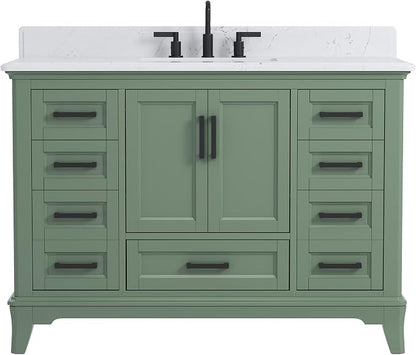 48 Inch Fully Assembled Bathroom Vanity with Sink, Sage Green | Modern Solid Wood Freestanding Vanity for Bathroom, Quartz Top & Backsplash, Soft-Close Doors, Dovetail Drawers, Bath Upgrade