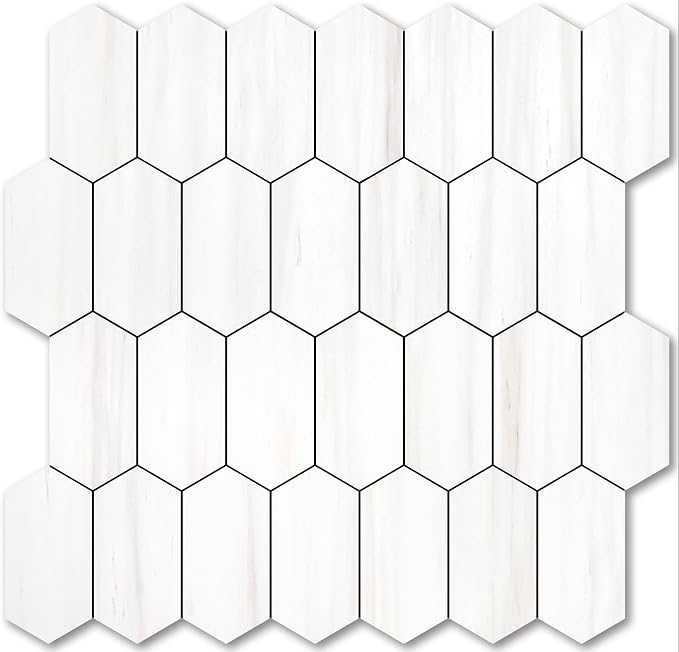 Vamos Tile Long Hexagon Peel and Stick Backsplash Tile - 10 Sheets Stick on Backsplash for Kitchen and Bathroom 12.4 x 12 Inch Dolomite Marble Look PVC Self Adhesive Mosaic Wall Tiles