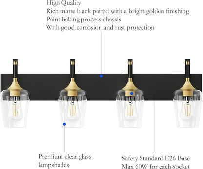 Ralbay Black/Gold Bathroom Vanity Light 4-Lights Industrial Black Vanity Lights Clear Glass Vintage Edison Wall Mount Light Fixtures for Bathroom