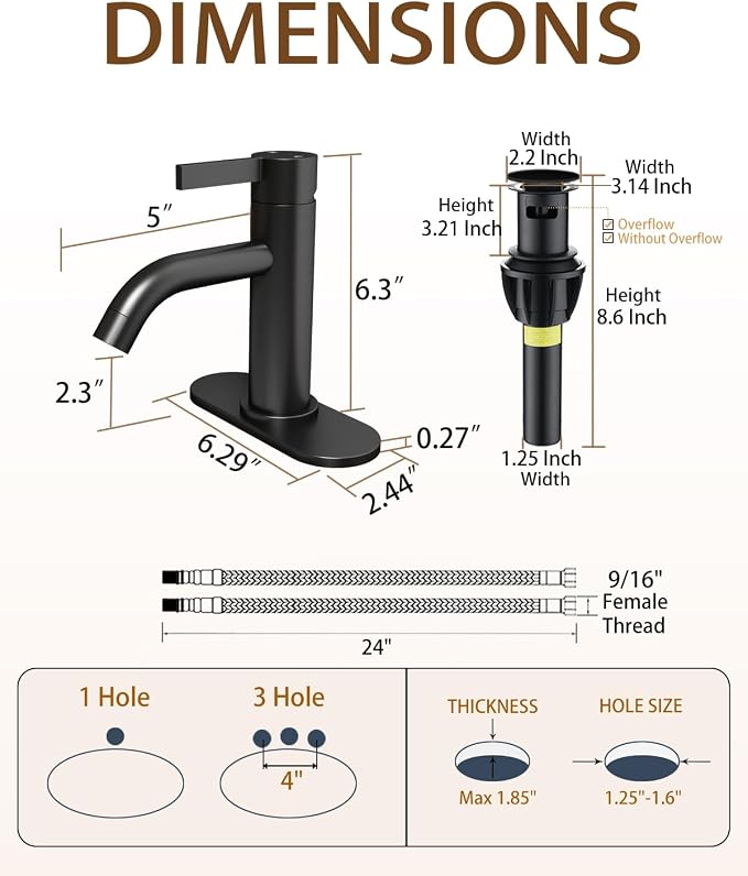 Matte Black Bathroom Faucet Single Hole with Pop-Up Bathroom Drain and Flexible Hoses Single Handle Bathroom Sink Faucet w/Deck Plate(1 or 3 Hole) for Vanity Sinks, RV, Farmhouse