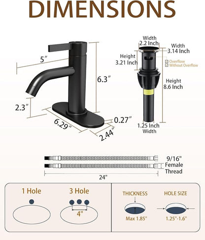 Matte Black Bathroom Faucet Single Hole with Pop-Up Bathroom Drain and Flexible Hoses Single Handle Bathroom Sink Faucet w/Deck Plate(1 or 3 Hole) for Vanity Sinks, RV, Farmhouse