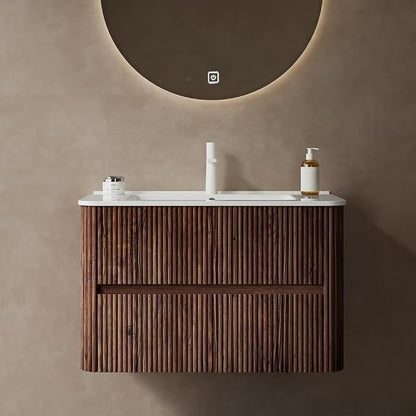 30" Floating Bathroom Vanity with Sink, Wall Mounted Modern Bathroom Cabinet with 2 Soft Close Drawers, Oak & Plywood, Pre-Assembled with Integrated Ceramic Basin – Bruges, Retro Walnut
