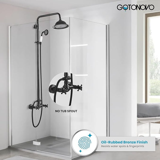 gotonovo Oil Rubbed Bronze Shower Faucet 8 Inch Rainfall Shower Head Set Double Cross Handle Handheld Spray Bathroom Shower System Wall Mount