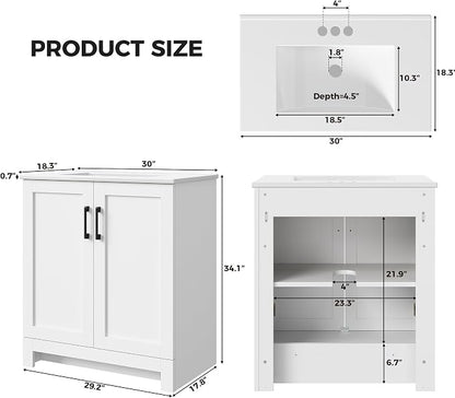 LIKIMIO 30" Bathroom Vanity with Sink, 2 Soft-Close Doors, White | Freestanding Bathroom Vanity, Integrated Ceramic Sink, Modern Bathroom Storage Cabinet for Small Bathroom, Easy Assembly
