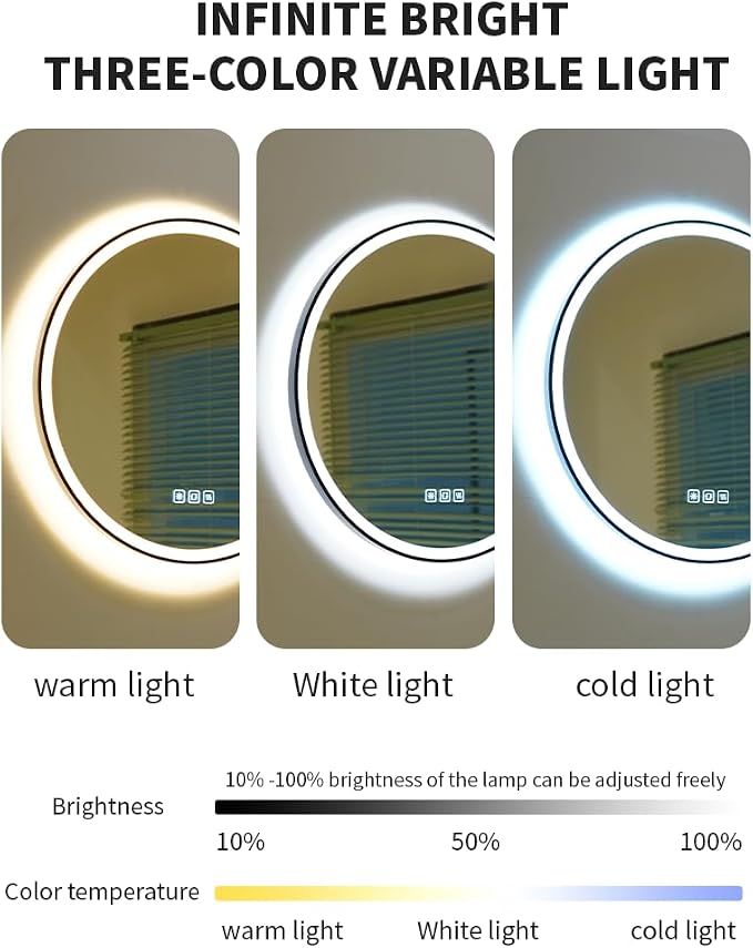 32inches Round LED Mirror,samrt Mirror for Bathroom,Light,Anti- Fog,3 Colors Dimmable,Front and Backlit,CRI90+,Touch Button