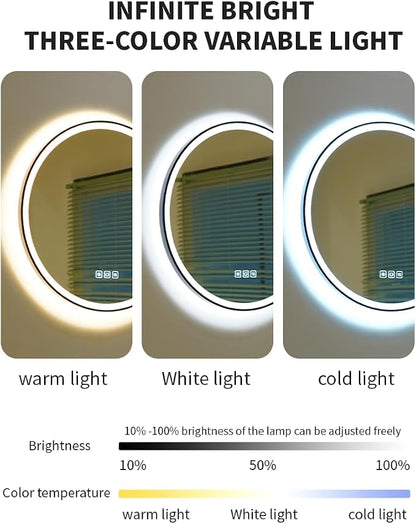 32inches Round LED Mirror,samrt Mirror for Bathroom,Light,Anti- Fog,3 Colors Dimmable,Front and Backlit,CRI90+,Touch Button