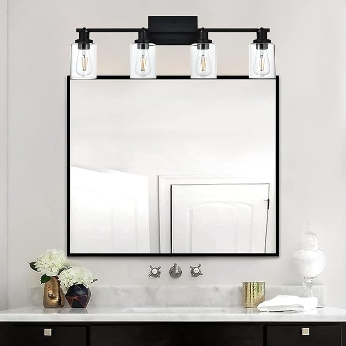MELUCEE 4 Light Track Lighting Kit Bathroom Light Fixtures Matte Black Ceiling Spotlight Fixture for Hallway Foyer Bath Storage, Clear Glass Shade