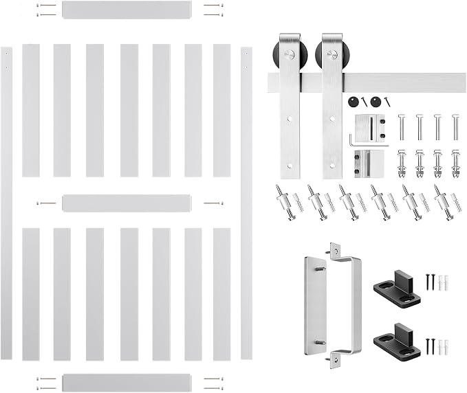 48''x84'' Sliding Barn Door with 8 Ft Brushed Nickel Hardware Kit | Pre-Drilled Holes Easy Assembly - Include Installation Manual, Water-Proof PVC Surface, H-Frame, White