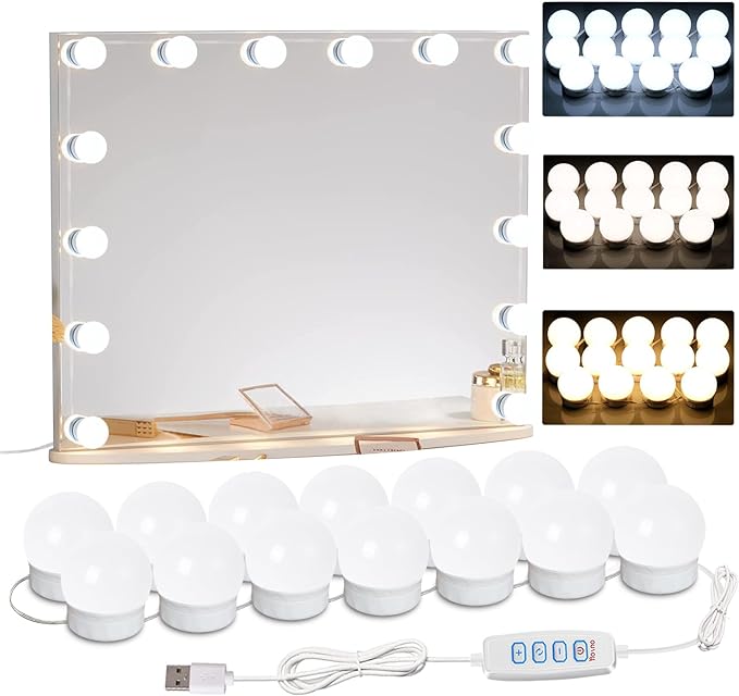LED Vanity Mirror Lights,Hollywood Style,14 Bulbs Makeup Light | Stick On for Dresser Mirror,3 Color Lighting & Dimmable,Bright,No Drill,USB 5V,Power Off Memory,High CRI Shadow-Free