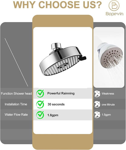 Bovepin 3 functions Rainfall Shower Head Replacement with 1.5 GMP Flow | G1/2" Universal Fitting, 360° Adjustable Brass Ball Joint, 1-Min Easy Install & Easy Clean, Chrome