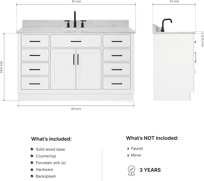 ARIEL Hepburn 60-inch Bathroom Vanity with Sink,Solid Wood, 0.75-inch Italian Carrara Marble Countertop, Single Rectangular Porcelain Sink, 2 Soft Closing Doors, 9 Dovetail Drawers, White