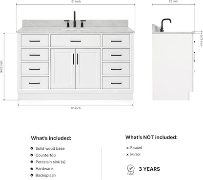 ARIEL Hepburn 60-inch Bathroom Vanity with Sink,Solid Wood, 0.75-inch Italian Carrara Marble Countertop, Single Rectangular Porcelain Sink, 2 Soft Closing Doors, 9 Dovetail Drawers, White