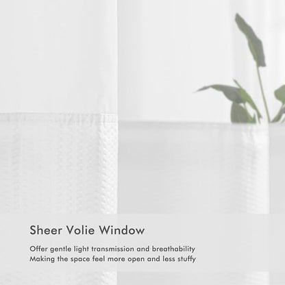 No Hook Shower Curtain with Snap-in Fabric Liner 71x74, White | Embossed Waffle-Look Textured, Sheer Window Hotel Style, Soft & Washable White Fabric Shower Curtain for Bathroom