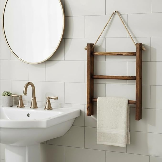 MyGift Dark Brown Wood Wall Mounted 3 Tier Hand Towel Ladder Rack | Top Rope for Easy Hanging, Vertical Storage for Guest Towels, Washcloths, Blankets & Decorative Throws