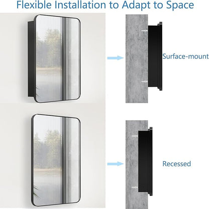 Bathroom Medicine Cabinet with 20x30 Inch Black Framed, Wall Cabinet with Mirror, Modern Surface Mount or Recessed Mounted, Medicine Cabinet with Storage for Bathroom