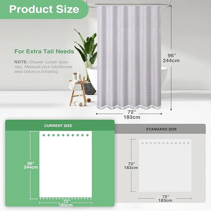 Dynamene Extra Long Shower Curtains, 96 Inches Long Boho Tufted Chevron Striped Fabric Shower Curtains for Bathroom, Tall Minimalist Waterproof Cloth Shower Curtain Set with 12 Hook, Lavender, 72x96