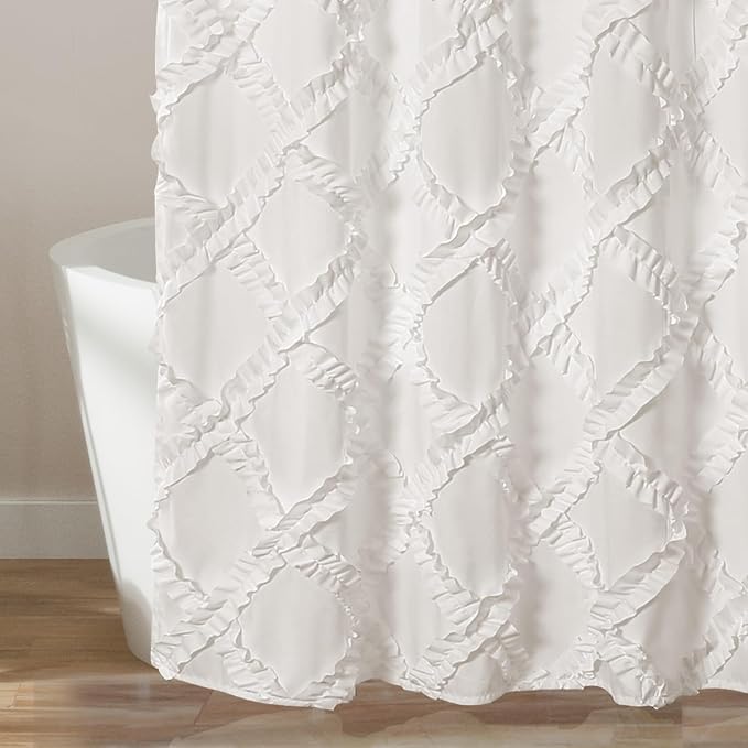 Lush Decor Ruffle Diamond Shower Curtain 72"L x 72"L White - Fabric Shower Curtains for Bathroom - White Bathroom Curtain - Vintage Farmhouse Decor