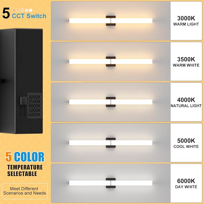39 Inch 42W Led Bathroom Vanity Light,3000K-6000K Dimmable Vanity Lighting Fixtures with White Acrylic Lampshade,Indoor Hardwired Wall Light Over Mirror for Mirror Restroom(Black,1 Pack)